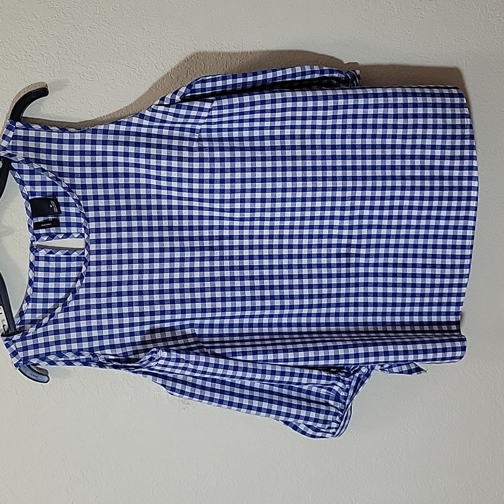Gently Used Blue and White Checked Cold Shoulder Long Sleeve Top